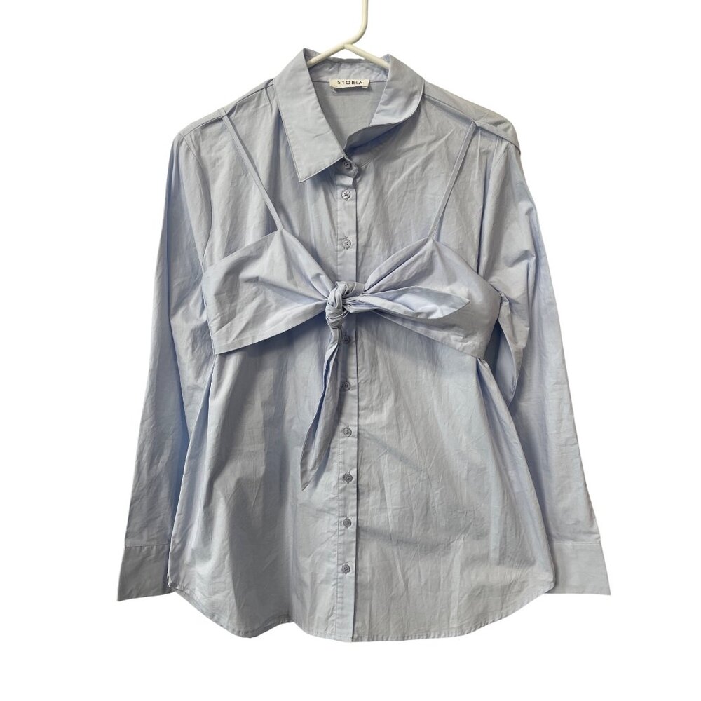 Storia Shirt Size Large Button Front Long Sleeve Tie Front Bra Layer Light Blue